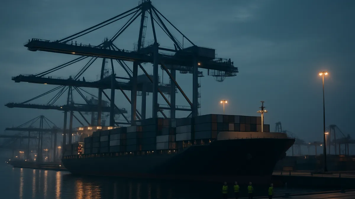 Porto de contêineres ao entardecer, com navio atracado, guindastes erguendo containers sem marcações e trabalhadores pequenos ao longo do cais.