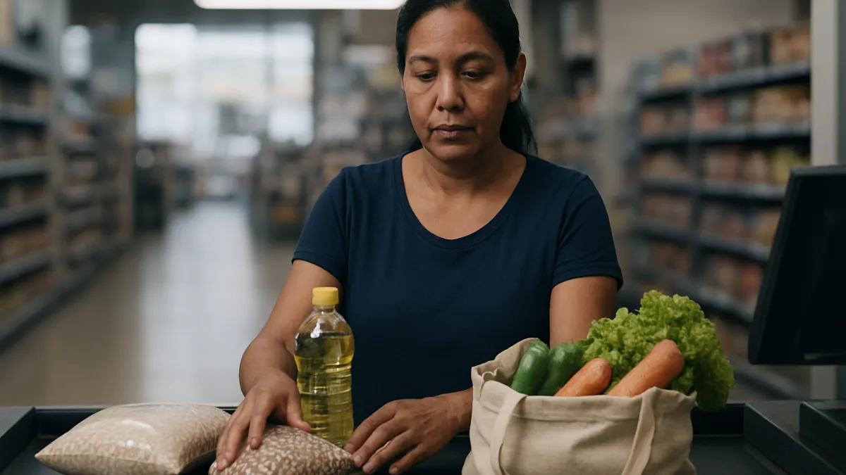 Mulher brasileira em caixa de supermercado colocando arroz, feijão, óleo e legumes na esteira, com prateleiras desfocadas ao fundo.