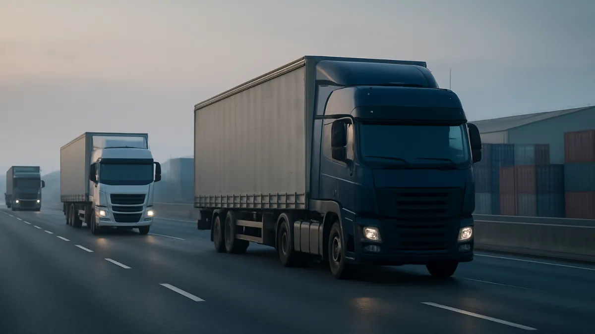 Caminhões de carga em movimento numa rodovia brasileira ao amanhecer, perto de um terminal logístico com contêineres empilhados ao fundo.