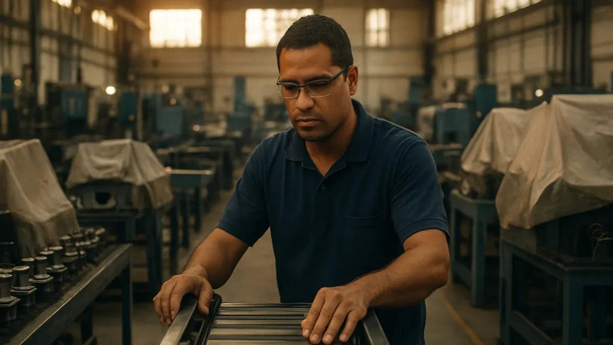 Técnico brasileiro de camisa azul-marinho inspeciona uma esteira em linha de montagem, com parte das estações paradas ao fundo.