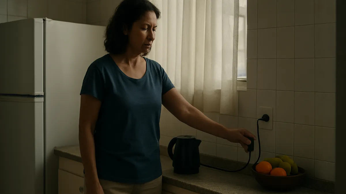 Mulher brasileira desliga um aparelho na tomada de uma cozinha de apartamento, com luz natural entrando pela janela.