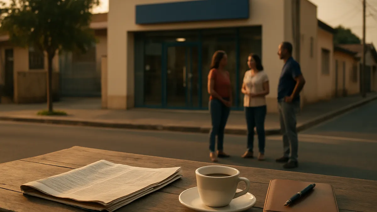 Pessoas conversam em rua brasileira ao fim da tarde, em frente a uma agência bancária, com uma mesa de café e um caderno em primeiro plano.